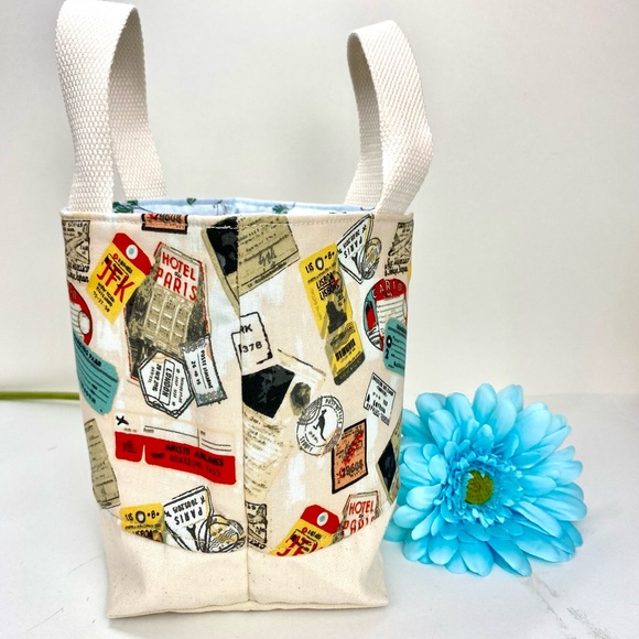 Cute travel cotton fabric tote bag NEW! Fully lined with webbing straps - Picture 5 of 12